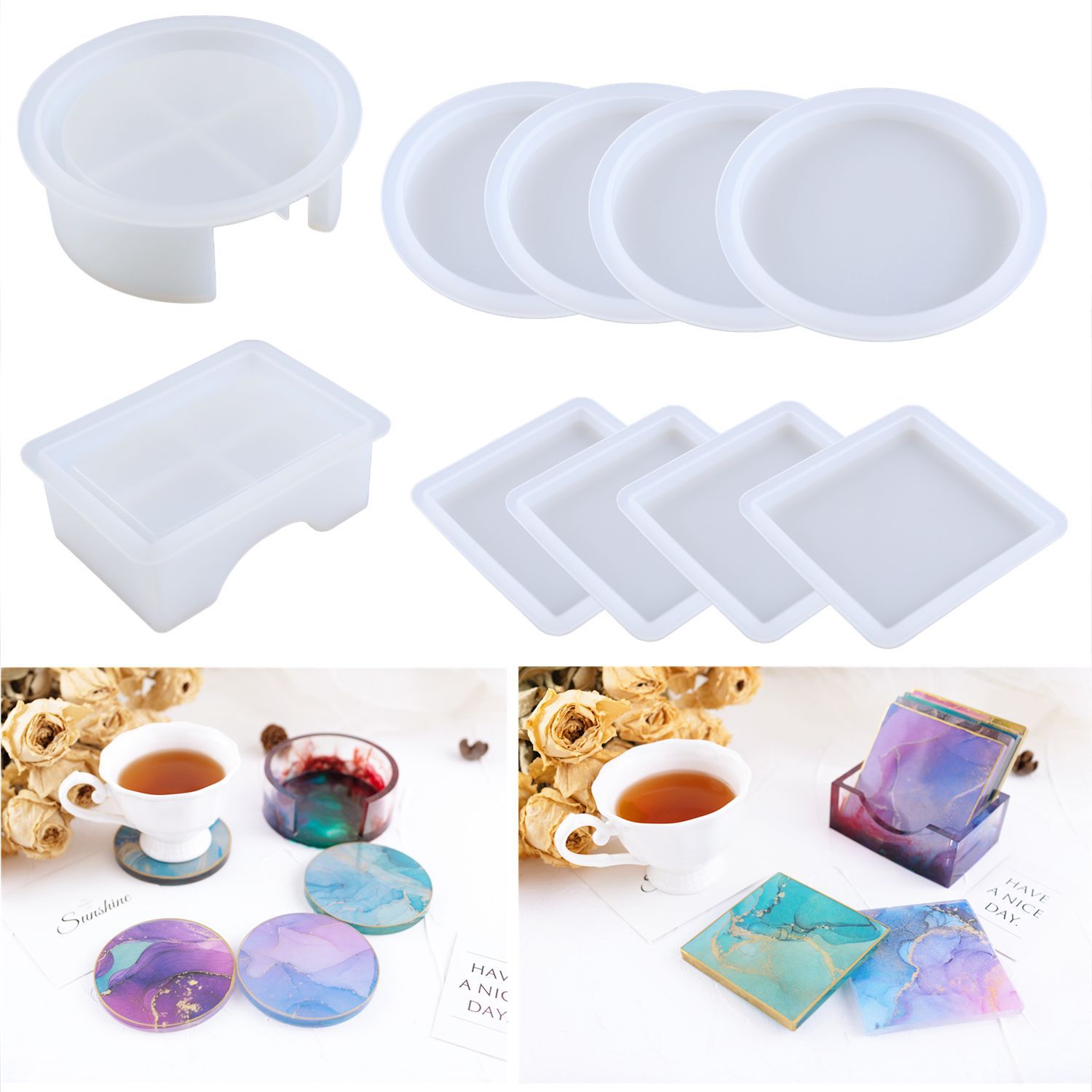 diy水晶滴膠環(huán)氧樹(shù)脂圓形杯墊盒子方形杯墊盒收納盒硅膠鏡面模具